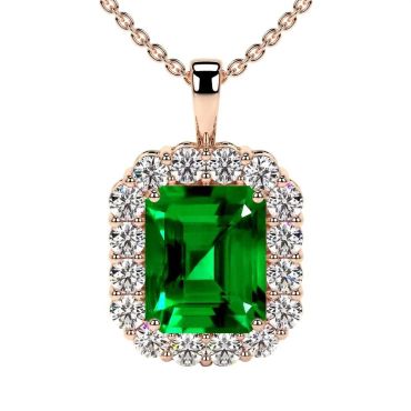 Lab Grown Emerald Shape Emerald 14 KT Rose Gold Pendant With Round Diamonds