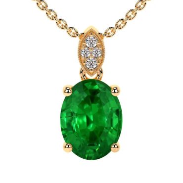 Lab Grown Round Diamonds Emerald Oval 14 KT Yellow Gold Pendant