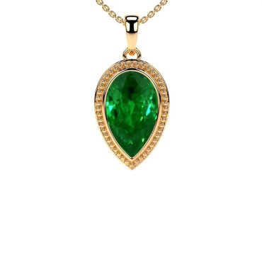 Lab Grown Bezel Set Solitaire Emerald Pear 14 KT Yellow Gold Pendant