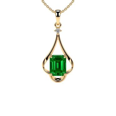 Lab Grown Round Emrald Cut Prong Set Diamond Emerald 14 KT Yellow Gold Pendant