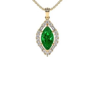 Lab Grown Round And Straight Baguette Diamonds Halo Emerald 14 KT Yellow Gold Pendant
