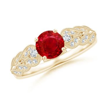 Aeon Vintage Style 14 KT Yellow Gold Ruby Solitaire Engagement Ring with Milgrain