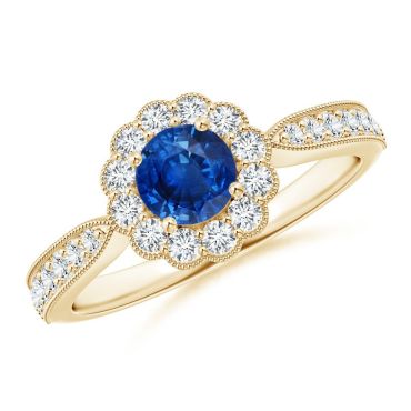 Vintage Inspired Sapphire Milgrain 14 KT Yellow Gold Ring with Diamond Halo