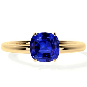Lab Grown Blue Sapphire Square Cushion Traditional Solitaire 14 KT with yellow gold ring