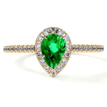 Lab Grown Emerald Pear Dainty Shape Halo 14 KT Yellow Gold Ring with Pave Set Diamonds