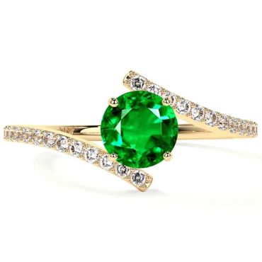 Lab Grown Emerald Round Bypass 14 KT Yellow Gold Ring With Prong Set Diamonds