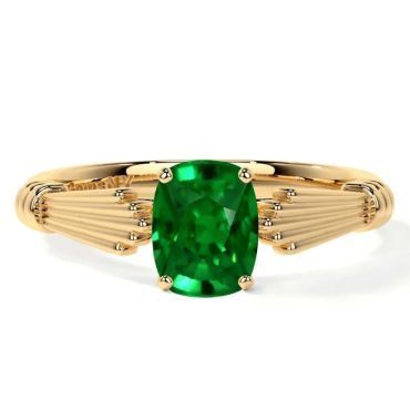 Lab Grown Elongated Cushion Emerald Solitaire 14 KT Yellow Gold Ring