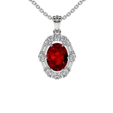 Lab Grown Ruby Prong Set Round And Straight Baguette Diamonds Halo 14 KT with white gold Pendant