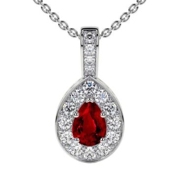 Lab Grown Ruby Pear Classic Halo 14 KT with white gold Pendant