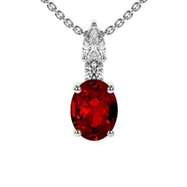 Lab Grown Ruby Oval Cut With Round And Pear Diamonds 14 KT with white gold Pendant