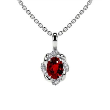 14 KT with white gold Lab Grown Ruby Oval Cut Flower  Pendant