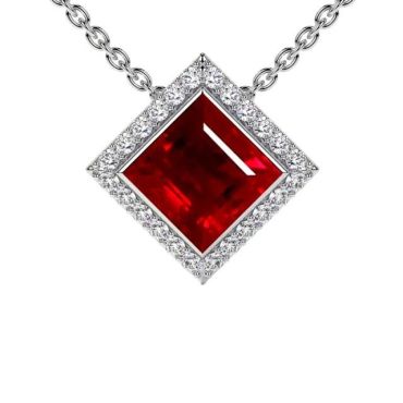 Lab Grown Ruby Square Halo Diamond 14 KT with white gold Pendant