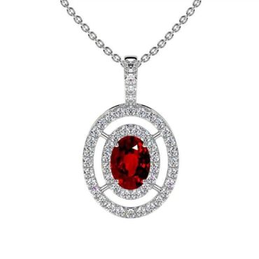 Lab Grown Ruby Oval Cut Double Halo 14 KT with white gold Pendant