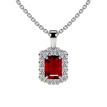 Lab Grown Ruby Emerald Cut Halo 14 KT with white gold Pendant
