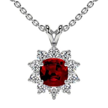Lab Grown Ruby Square Cushion Halo Diana 14 KT with white gold Pendant