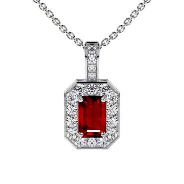 Lab Grown Ruby Emerald Cut Classic Halo 14 KT with white gold Pendant
