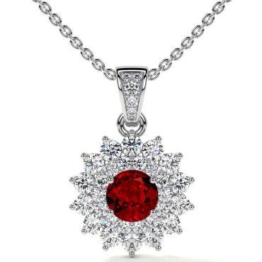 Lab Grown Ruby Round Starburst Halo 14 KT with white gold Pendant