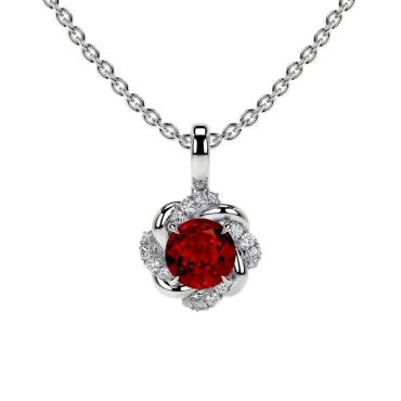 Lab Grown Ruby Round Flower 14 KT with white gold Pendant