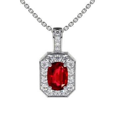 Lab Grown Ruby Elongated Cushion Classic Halo 14 KT with white gold Pendant