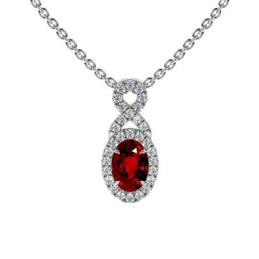 Lab Grown Ruby Oval Cut Twist Halo 14 KT with white gold Pendant