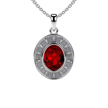 Lab Grown Ruby Astrological Bezel Set 14 KT with white Oval gold Pendant