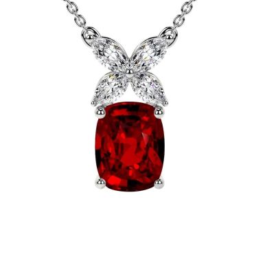 Lab Grown Ruby Marquise Shape Rect.Diamonds 14 KT with white gold Pendant