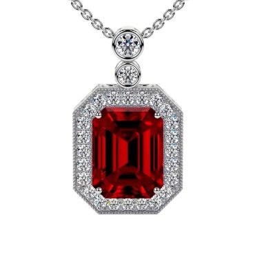 Lab Grown Rounds Emerald Cut Diamonds Ruby 14 KT with white gold Pendant