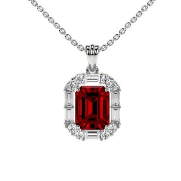 Lab Grown Ruby Prong Set Round And Straight Baguette Emerald Cut Diamonds Halo 14 KT with white gold Pendant