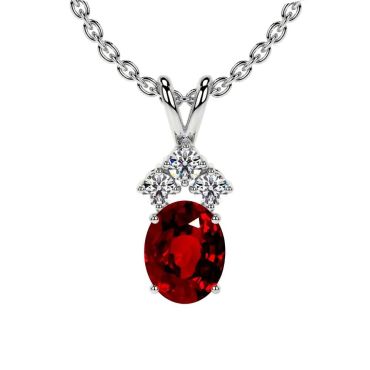 Lab Grown Ruby Oval Cut Pendant with Three Round 14 KT with white gold Diamonds