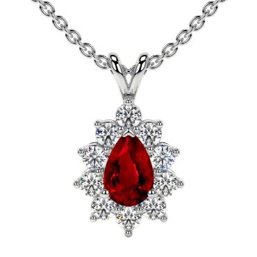 Lab Grown Ruby Pear Halo Diana 14 KT with white gold Pendant