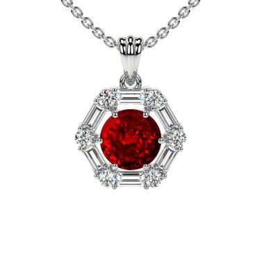 Lab Grown Ruby Prong Sets Round And Straight Baguette Diamonds Halo 14 KT with white gold Pendant