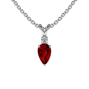 Lab Grown Ruby Pear 14 KT with white gold Pendant with Round Diamond