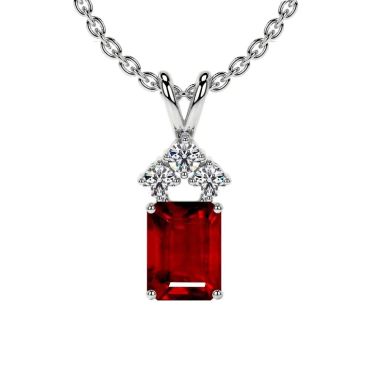 Lab Grown Ruby Emerald Cut Pendant with Three Round 14 KT with white gold Diamonds