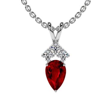 Lab Grown Ruby Pear Pendant with Three Round 14 KT with white gold Diamonds