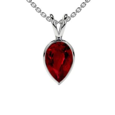 Lab Grown Ruby Pear Solitaire Classic Bezel 14 KT with white gold Pendant