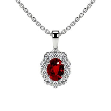 Lab Grown Ruby Oval Cut Halo 14 KT with white gold Pendant