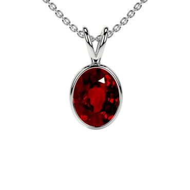 Lab Grown Ruby Oval Cut Solitaire Classic Bezel 14 KT with white gold Pendant