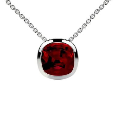 Lab Grown Ruby Square Cushion Solitaire Bezel 14 KT with white gold Pendant