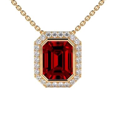 Lab Grown Ruby Round Emerald Cut Diamonds 14 KT with yellow gold Pendant