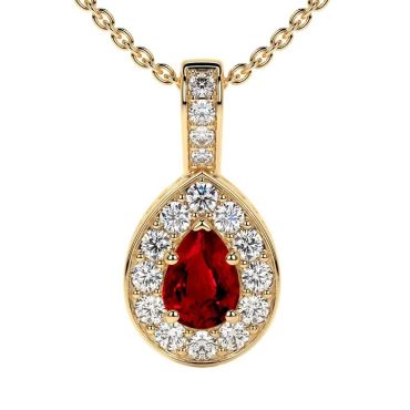 Lab Grown Ruby Pear Classic Halo 14 KT with yellow gold Pendant
