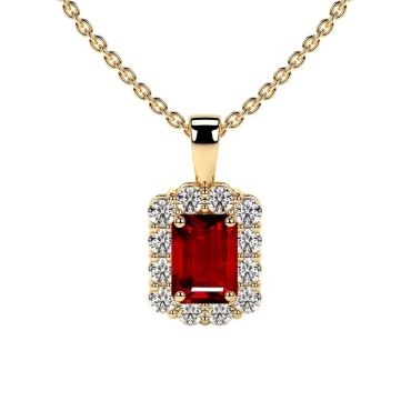 Lab Grown Ruby Emerald Cut Halo 14 KT with yellow gold Pendant