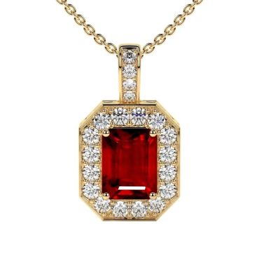 Lab Grown Ruby Emerald Cut Classic Halo 14 KT with yellow gold Pendant