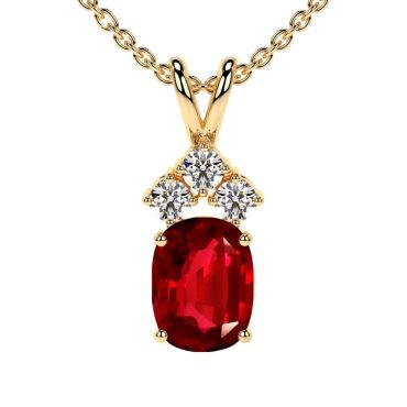 Lab Grown Ruby Elongated Cushion Pendant with Three Round 14 KT with yellow gold Diamonds