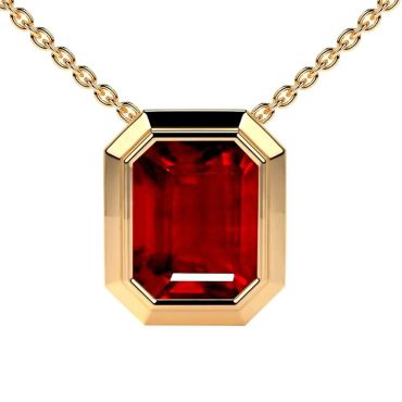 Lab Grown Ruby Emerald Cut Solitaire Bezel 14 KT with yellow gold Pendant