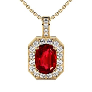 Lab Grown Ruby Elongated Cushion Classic Halo 14 KT with yellow gold Pendant