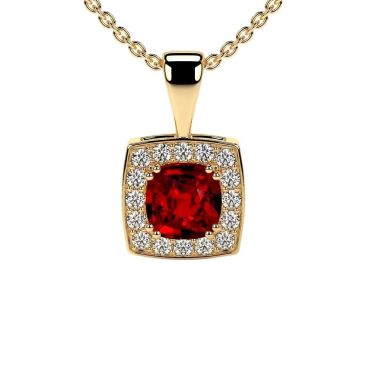 Lab Grown Ruby Square Cushion Cut Pendant With Round 14 KT with yellow gold Diamonds