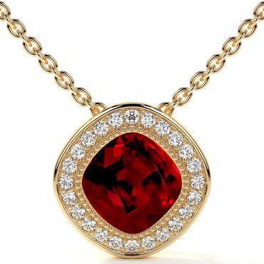 Lab Grown Ruby Square Cushion Halo Bezel 14 KT with yellow gold Pendant