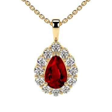 Lab Grown Ruby Pear Halo 14 KT with yellow gold Pendant