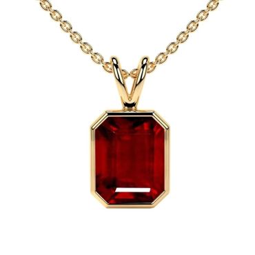 Lab Grown Ruby Emerald Cut Solitaire Classic Bezel  14 KT with yellow gold Pendant