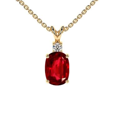 Lab Grown Ruby Elongated Cushion Pendant with Round  14 KT with yellow gold Diamond